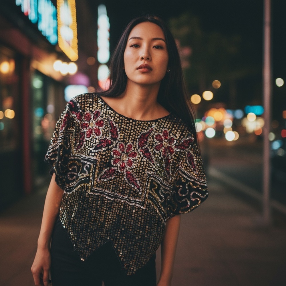 Vintage Valaiti Creations Silk Sequined Butterfly Floral Blouse